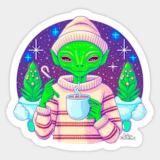 Christmas Funny Alien Drinking Coffee Wearing Sweater Sticker